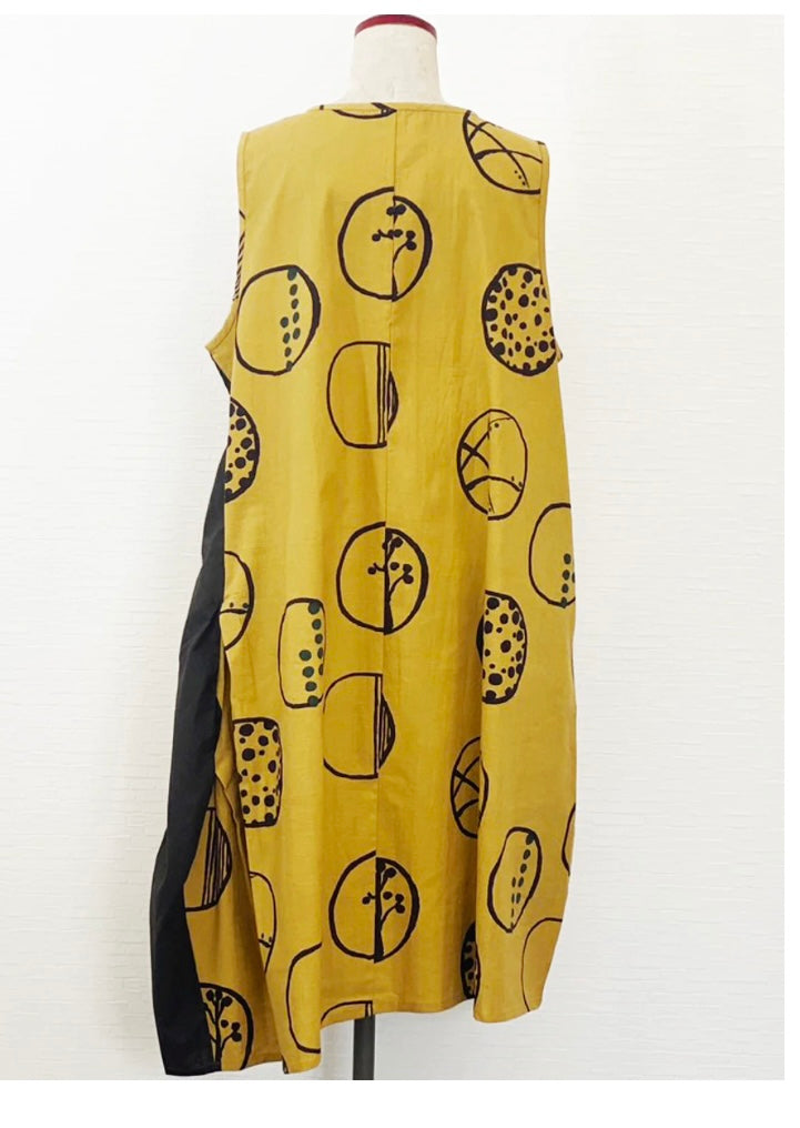 Button Patch Sleeveless Dress with Bubble Print in Mustard