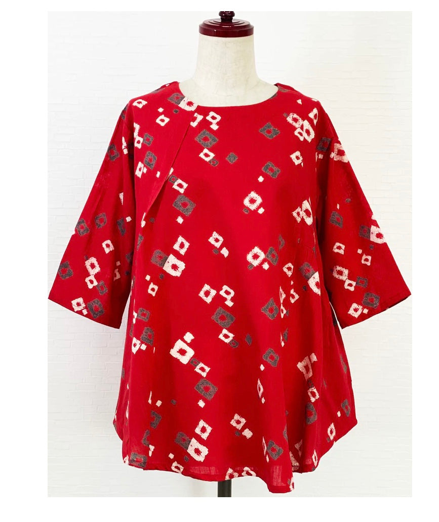 Tuck Tunic Square Dots Print in Red