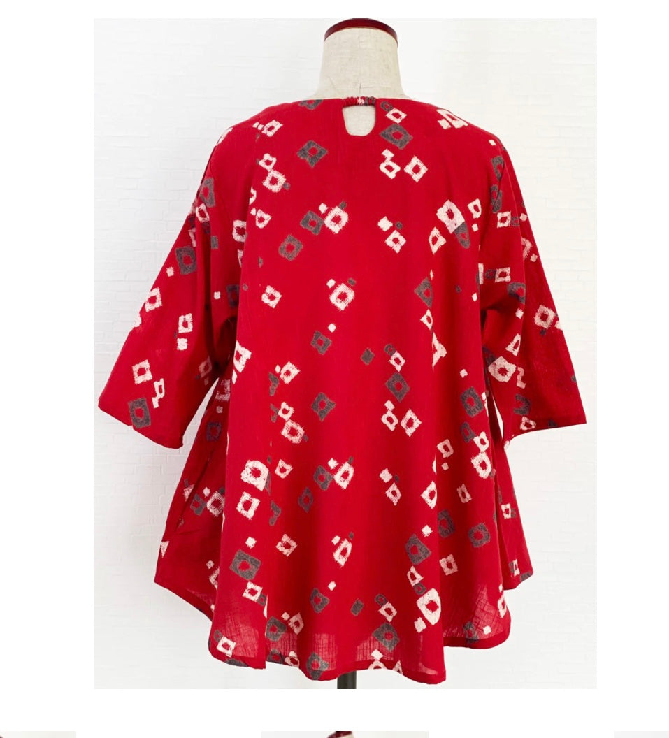 Tuck Tunic Square Dots Print in Red